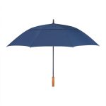 A navy blue recycled golf umbrella with a wooden handle and a branding logo.