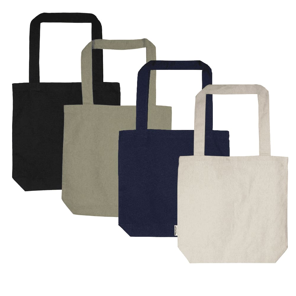 A collection of four tote bags in black, olive green, navy blue, and beige, each with sturdy handles and a logo. Darani Orissa Tote 320 g/m² Aware - Image 1