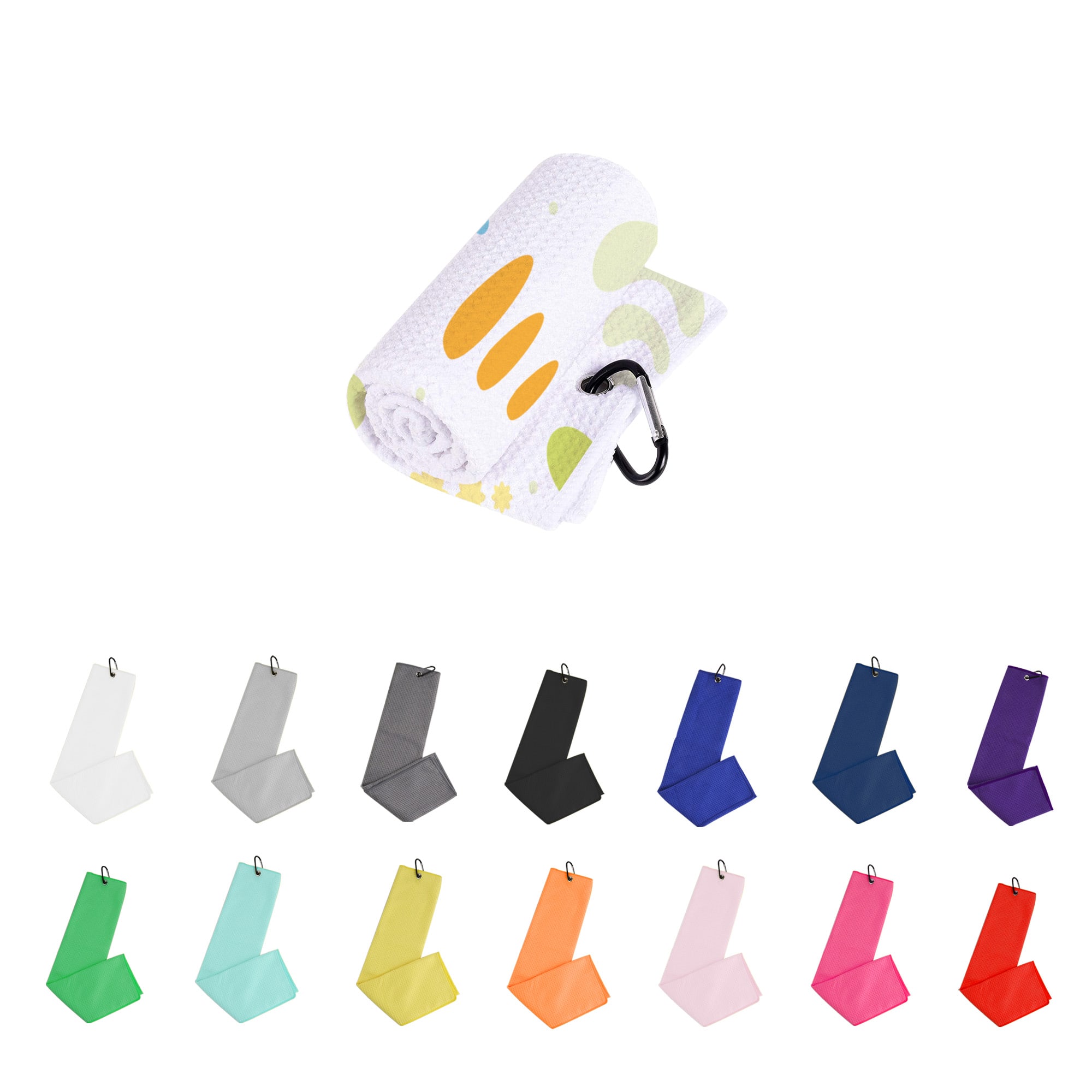 A rolled waffle golf towel featuring a carabiner clip, available in various colours including green, pink, and orange. Waffle Golf Towel - Image 1
