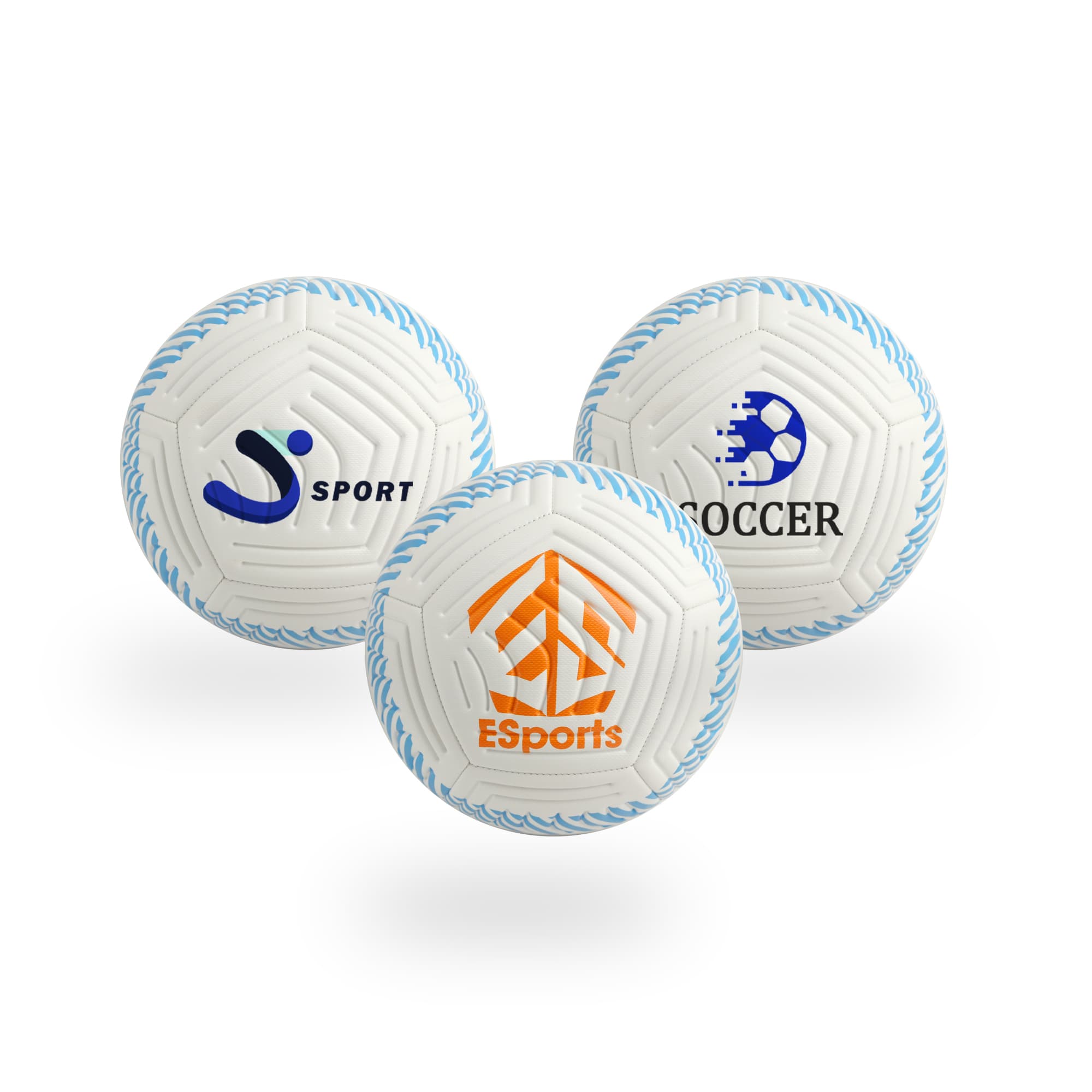 Three premium soccer balls in white with blue accents and various logos. Premium Game Soccer Ball - Image 1