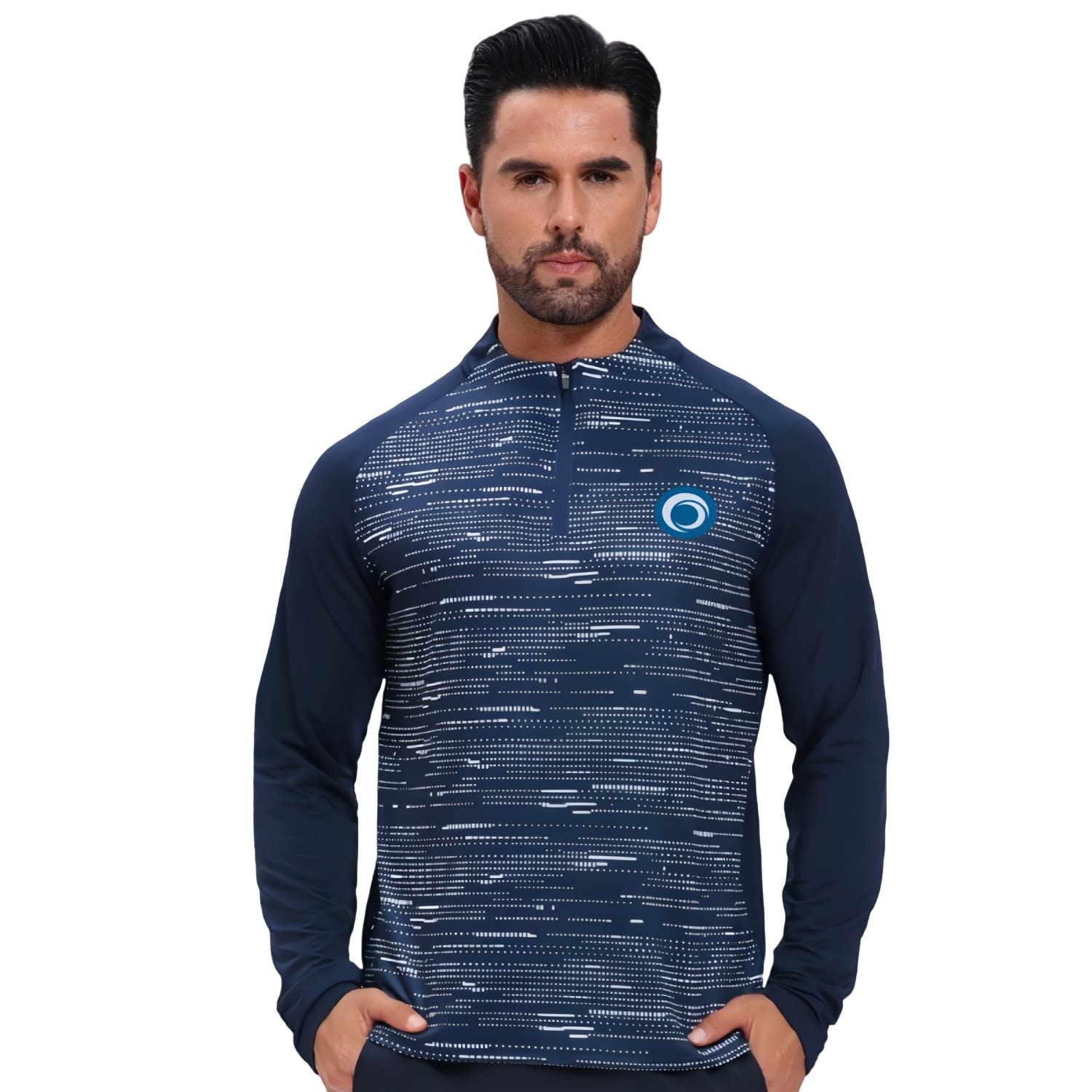 A man in a navy blue polyester spandex jacket with a stand-up collar and quarter-zip, featuring a logo. Polyester Spandex Sublimated Stand-Up Collar 1/4 Zip Raglan Jacket - Image 1
