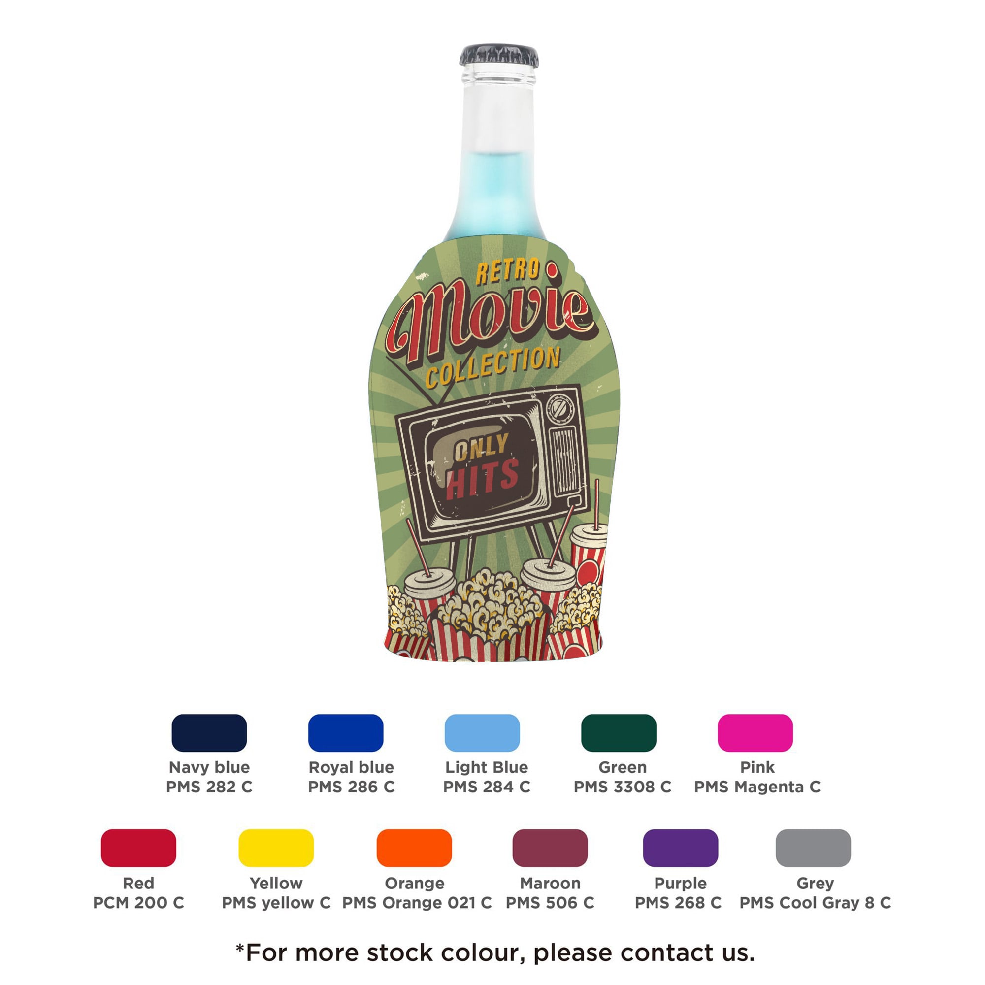 A drink bottle cooler with a zipper, featuring a retro movie design in multiple colours, including blue and pink. Short Bottle Cooler with Zipper - Image 1