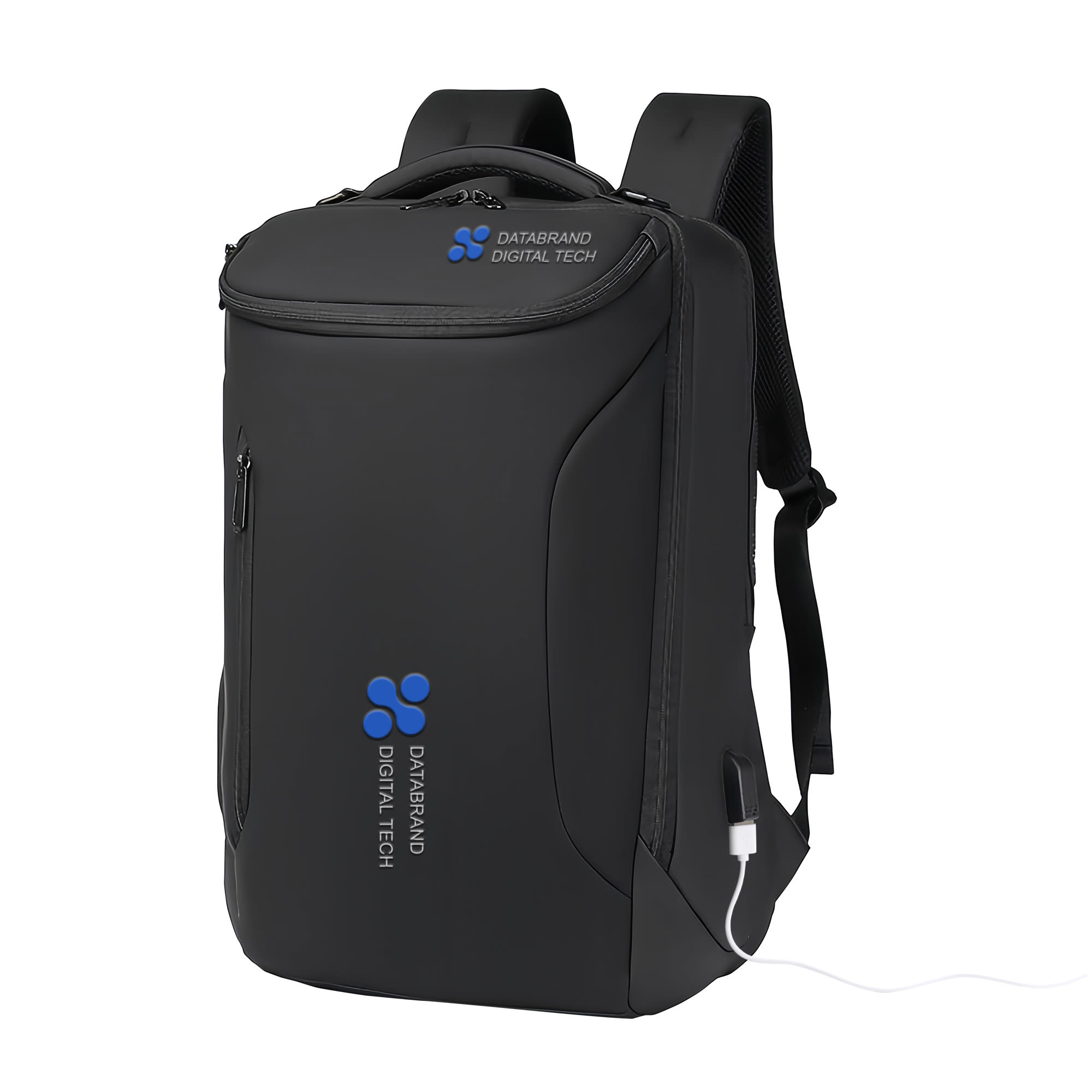 A waterproof black business backpack with a logo and USB charging port. Waterproof Business Backpack - Image 1