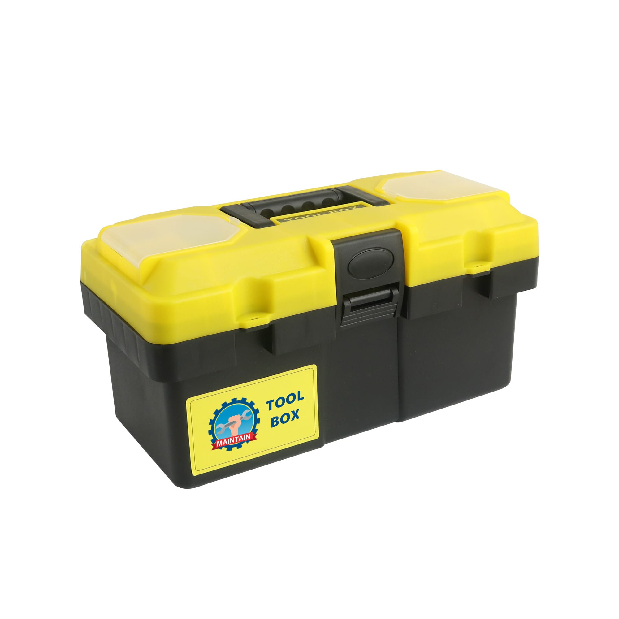 A yellow and black tool box with a logo, featuring a secure lid and two storage compartments. Tool Box - Image 1