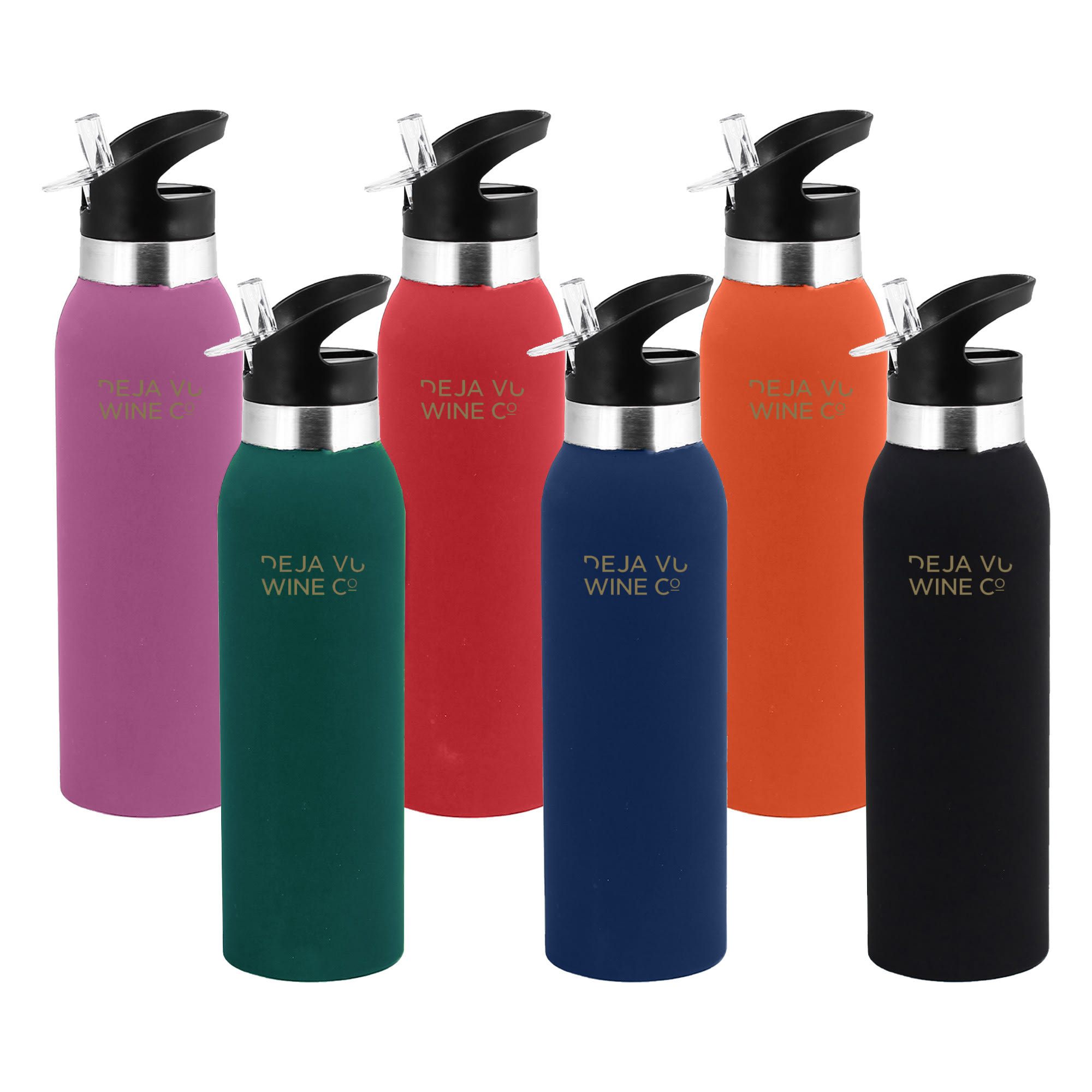 A drink bottle collection featuring six bottles in purple, green, red, navy, orange, and black, each with a spout and logo. Veola Drink Bottle - Image 1