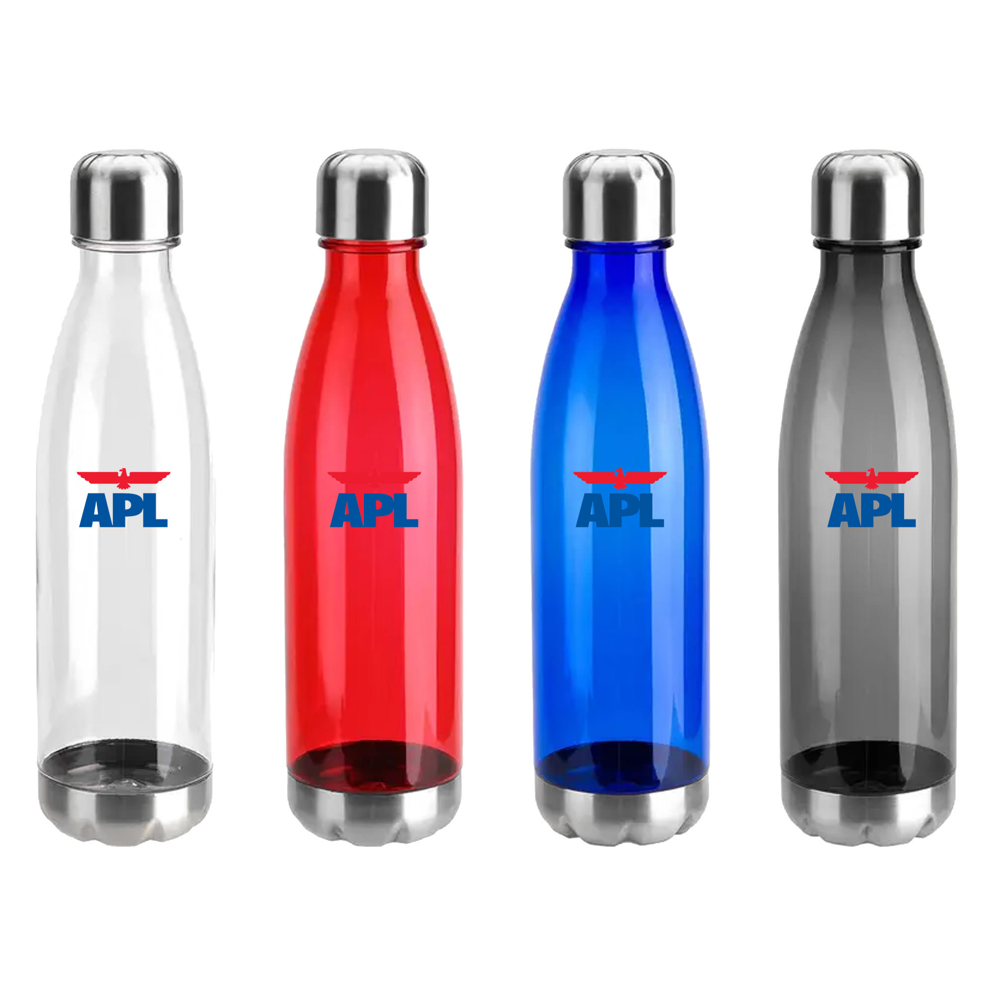 A drink bottle set featuring transparent, red, blue, and grey plastic designs with metallic caps and a logo. Komo Plastic Drink Bottle - Image 1