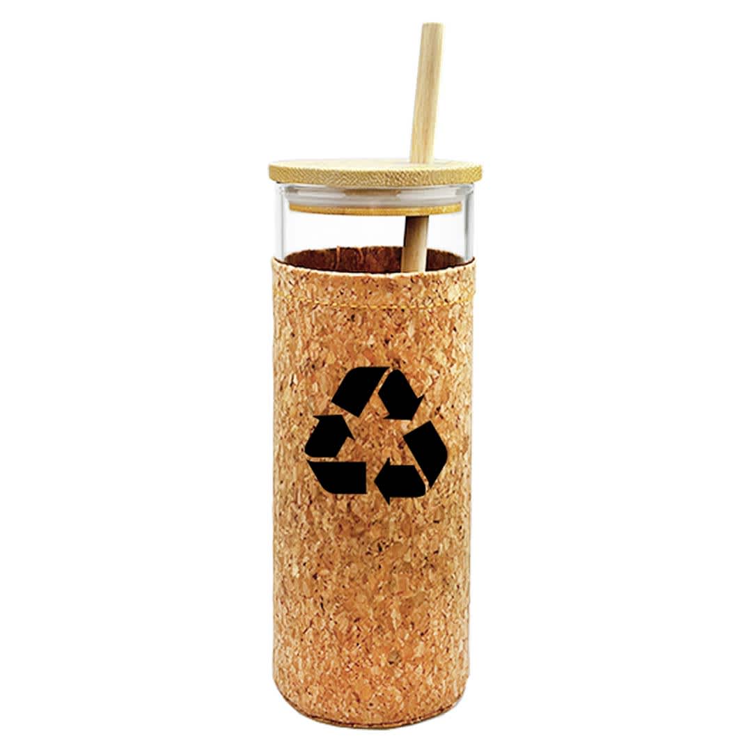 A drink bottle made of glass with a cork exterior and a bamboo lid, featuring a recycling symbol. Eidy Glass Bottle - Image 1