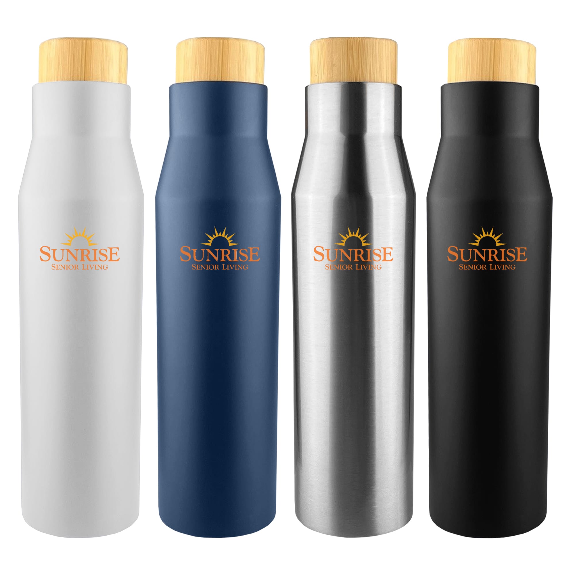 A drink bottle set featuring four colours: white, navy, stainless steel, and black, with wooden lids and a logo. Montico Drink Bottle - Image 1