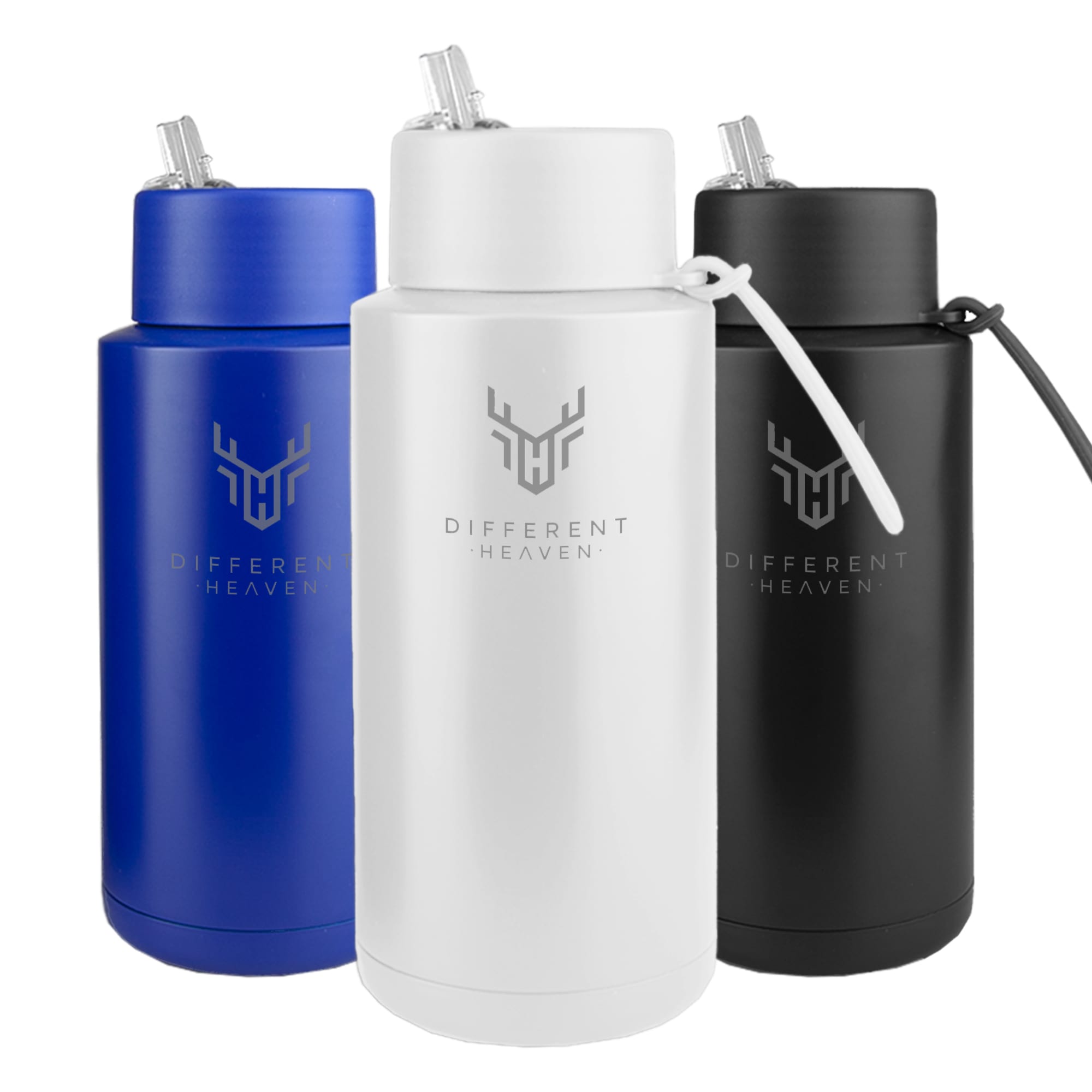 A drink bottle trio featuring blue, white, and black colours, each with a logo and a straw lid. Teazmo Drink Bottle - Image 1