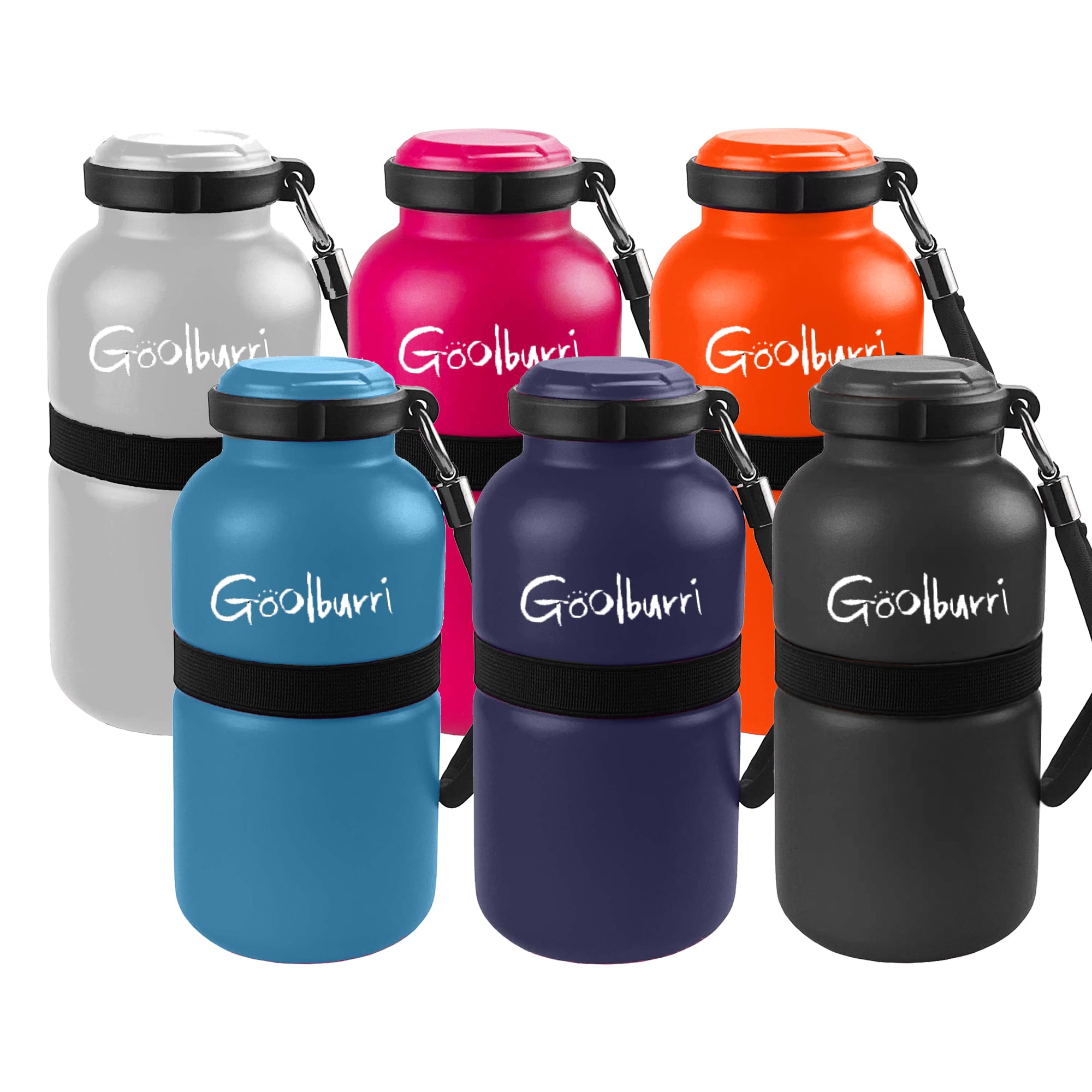 A drink bottle collection featuring six vacuum flasks in grey, orange, pink, blue, purple, and black, each with a logo. Elite Vacuum Bottle - Image 1