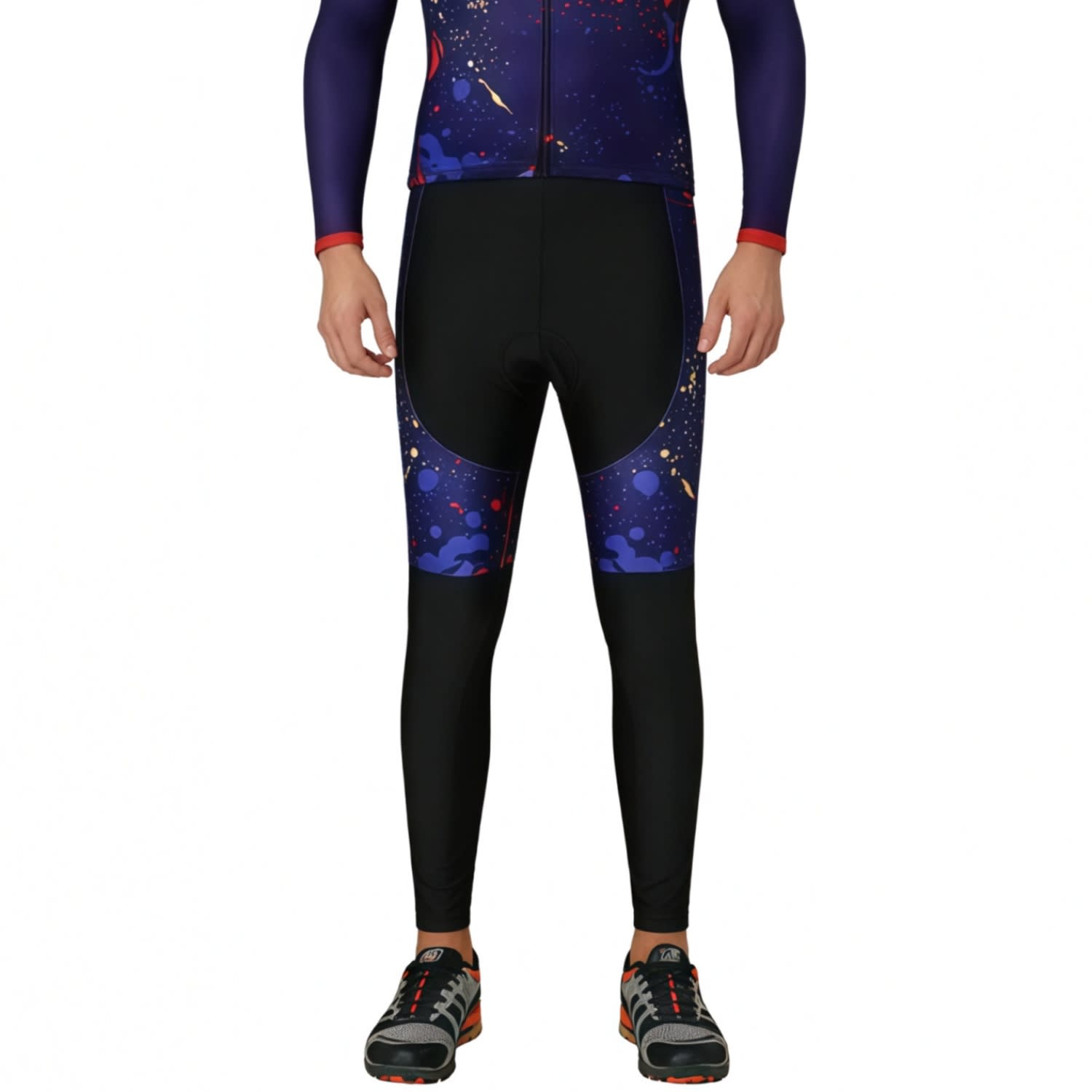 Men's sublimated cycling tights in a combination of black and a cosmic pattern with purple accents, featuring a logo. Men's Sublimated Cycling Tights - Image 1