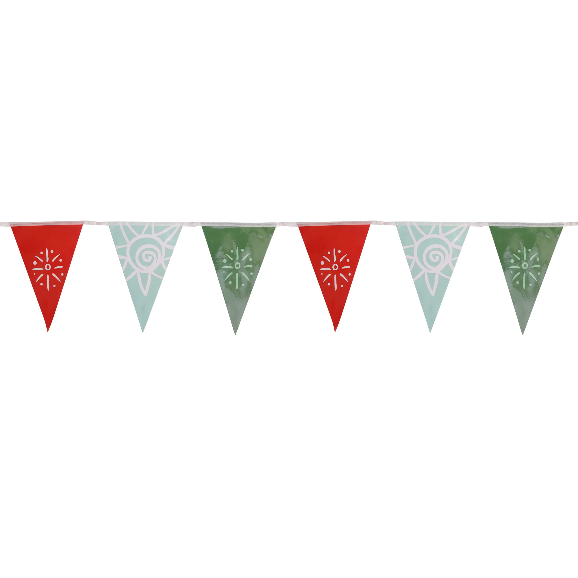 Custom paper pennant string flags featuring red and mint green triangular flags with decorative patterns. Custom Paper Pennant String Flags - Image 1