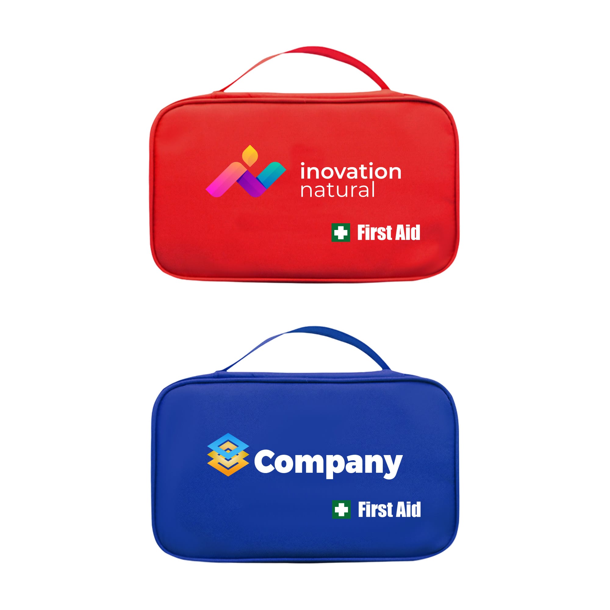 A red and a blue first aid kit bag with handles, both featuring logos and a cross symbol. Empty First Aid Kit Bag with Handle - Image 1