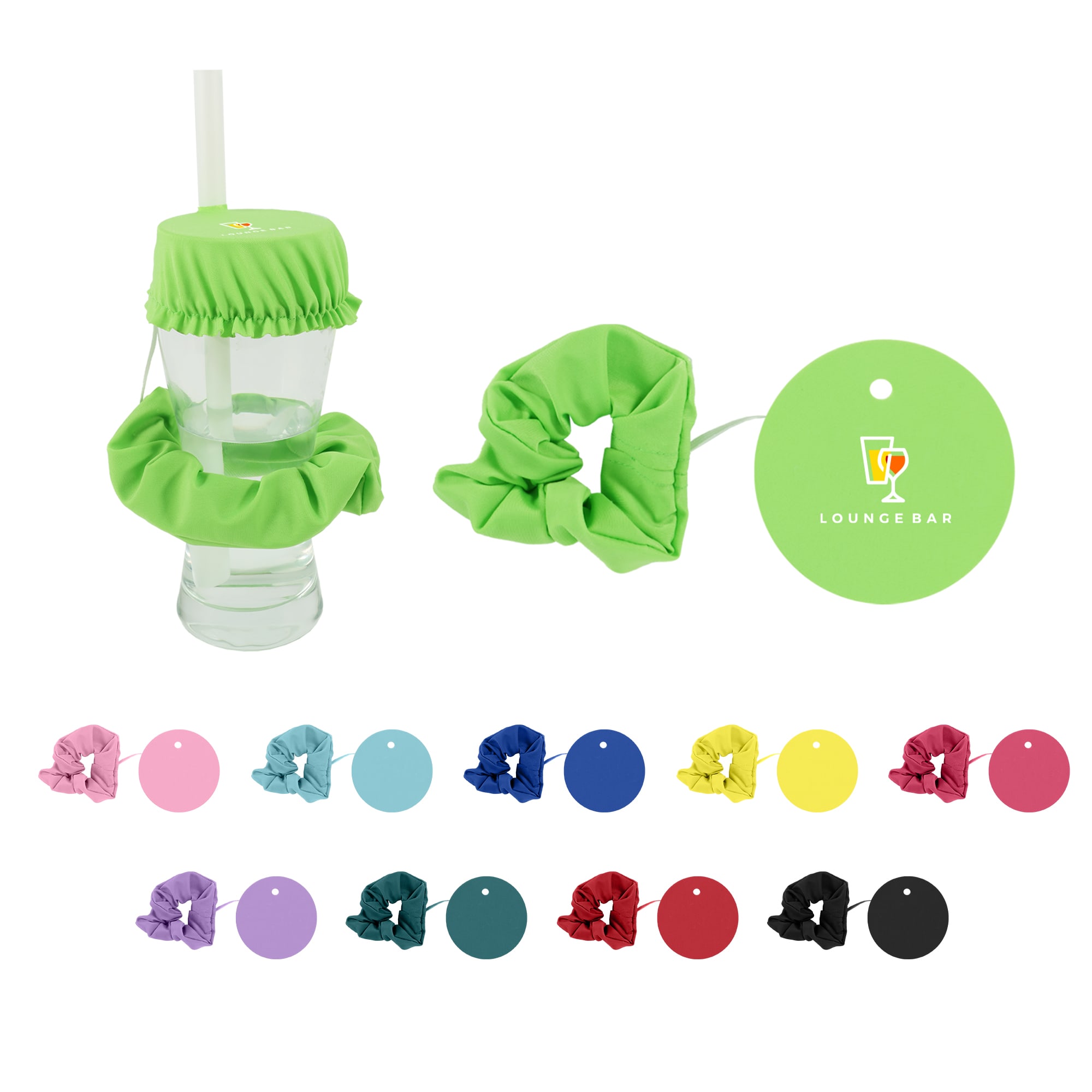 A drink bottle with a green scrunchie cover and a matching scrunchie, accompanied by a colour selection below. Drink Cover Scrunchie - Image 1