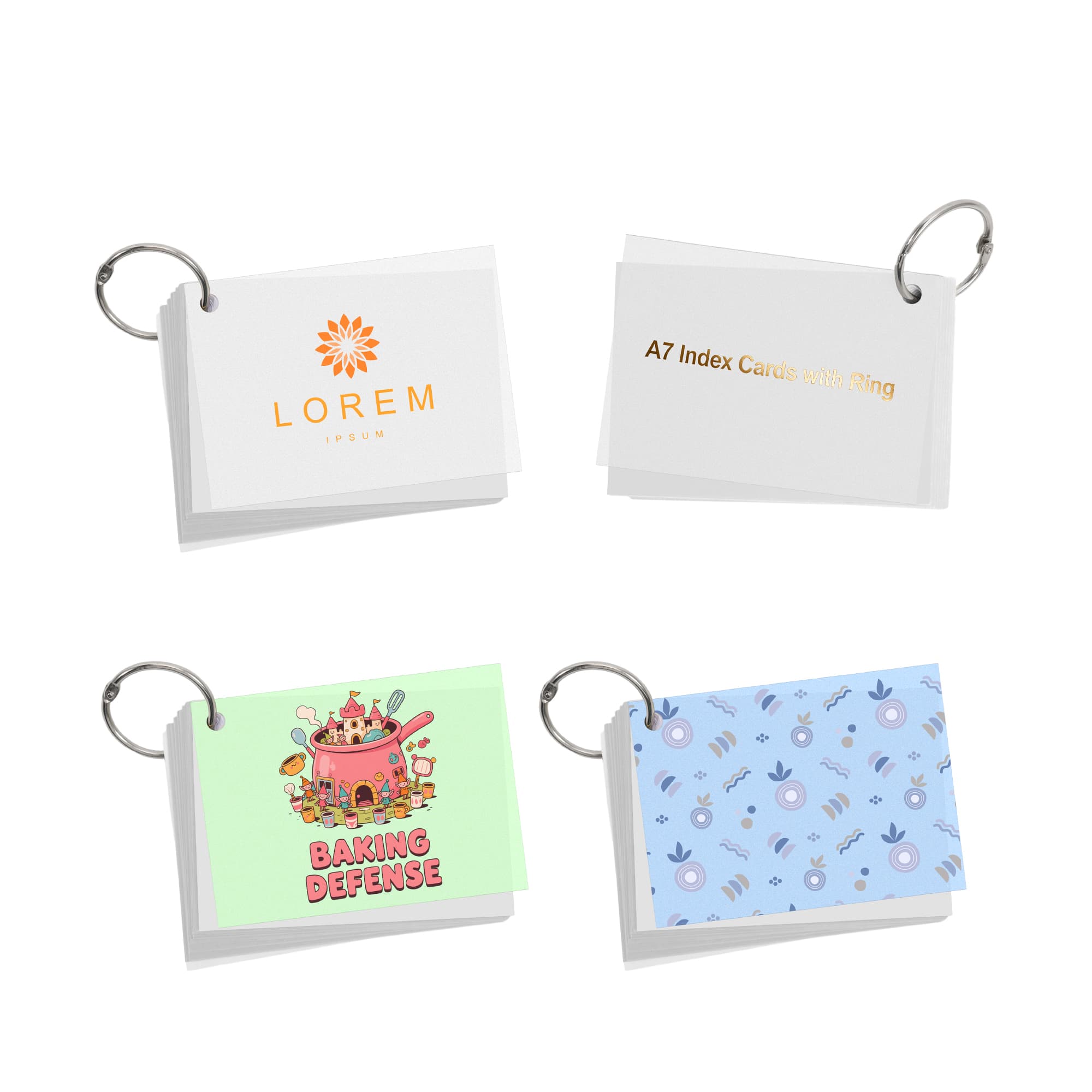 A set of A7 index cards with a ring, featuring various designs in pastel colours. It includes a logo. A7 PP Cover Index Cards with Ring - Image 1