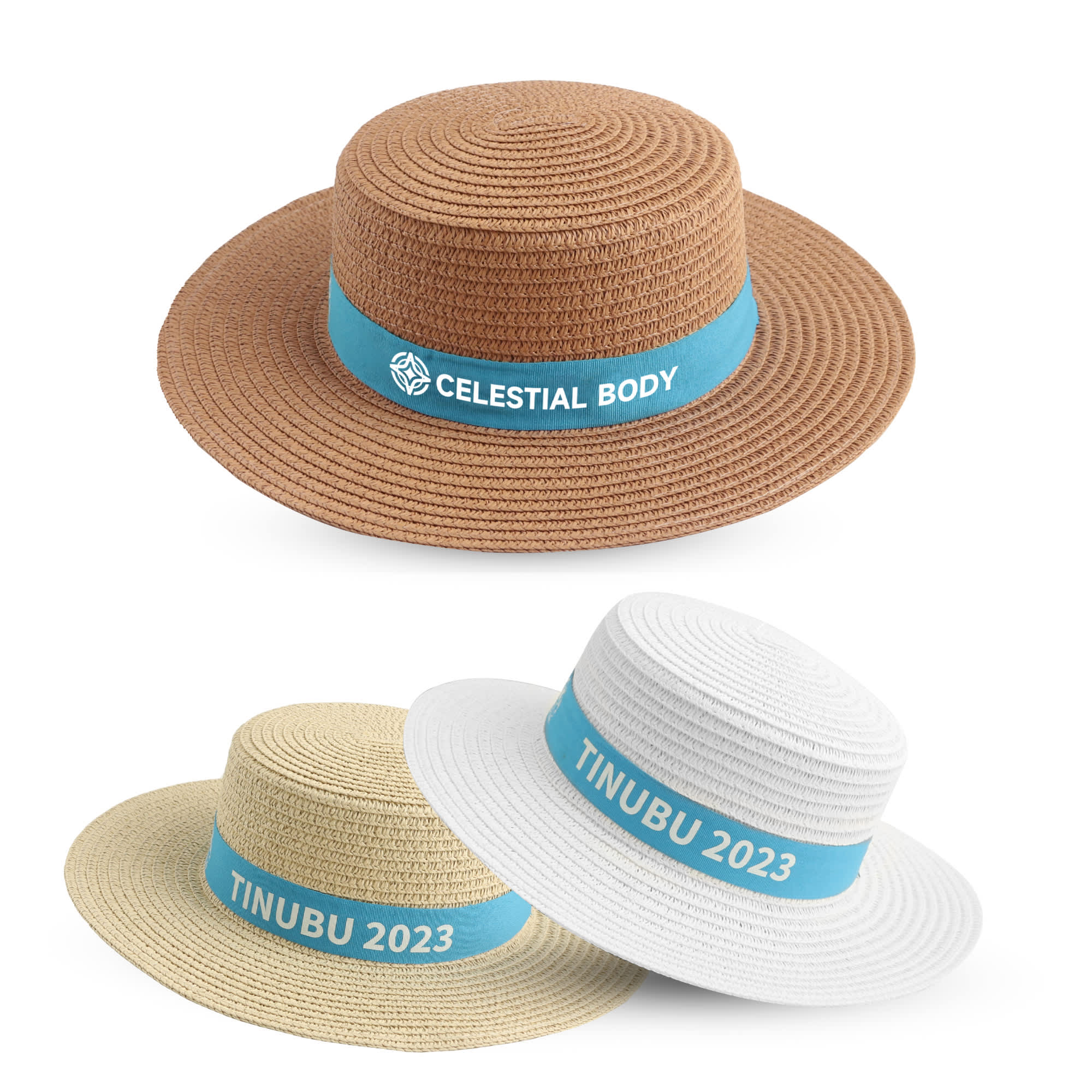 A straw hat with a wide brim, featuring a blue ribbon. Available in brown, beige, and white. Straw Hat with Ribbon - Image 1