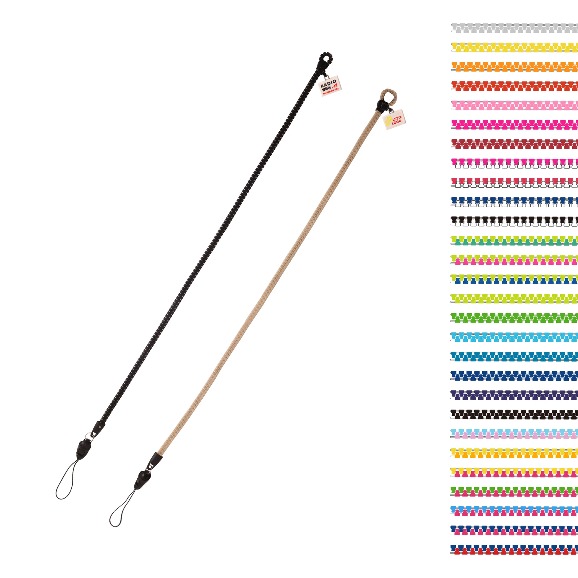 A black and a beige zipper lanyard with PVC tags, displayed alongside various colour options. Zipper Lanyard with PVC Tag - Image 1