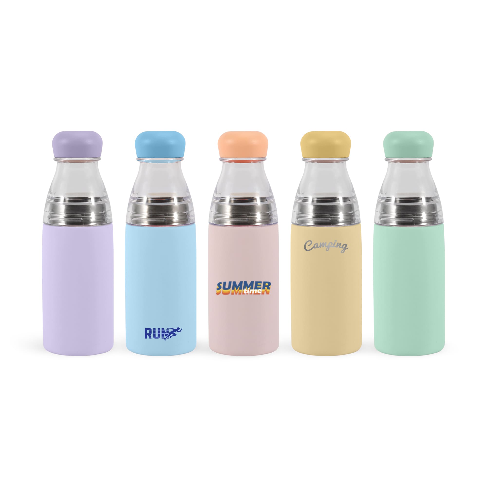 A drink bottle collection featuring pastel colours: lavender, light blue, pink, yellow, and mint green, with stainless steel accents. 500ML 2 in 1 Stainless Steel Vacuum Bottle - Image 1