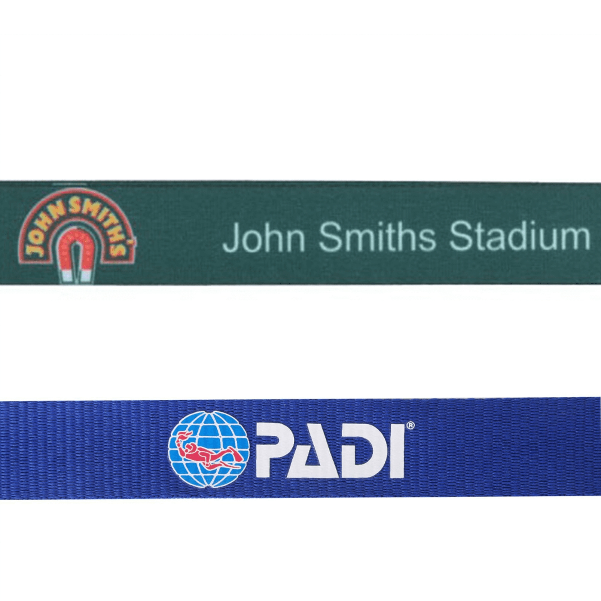 A green and blue ribbed lanyard with logos, featuring a magnet design and a globe with lanyard branding. RPET Ribbed Lanyard - Image 1
