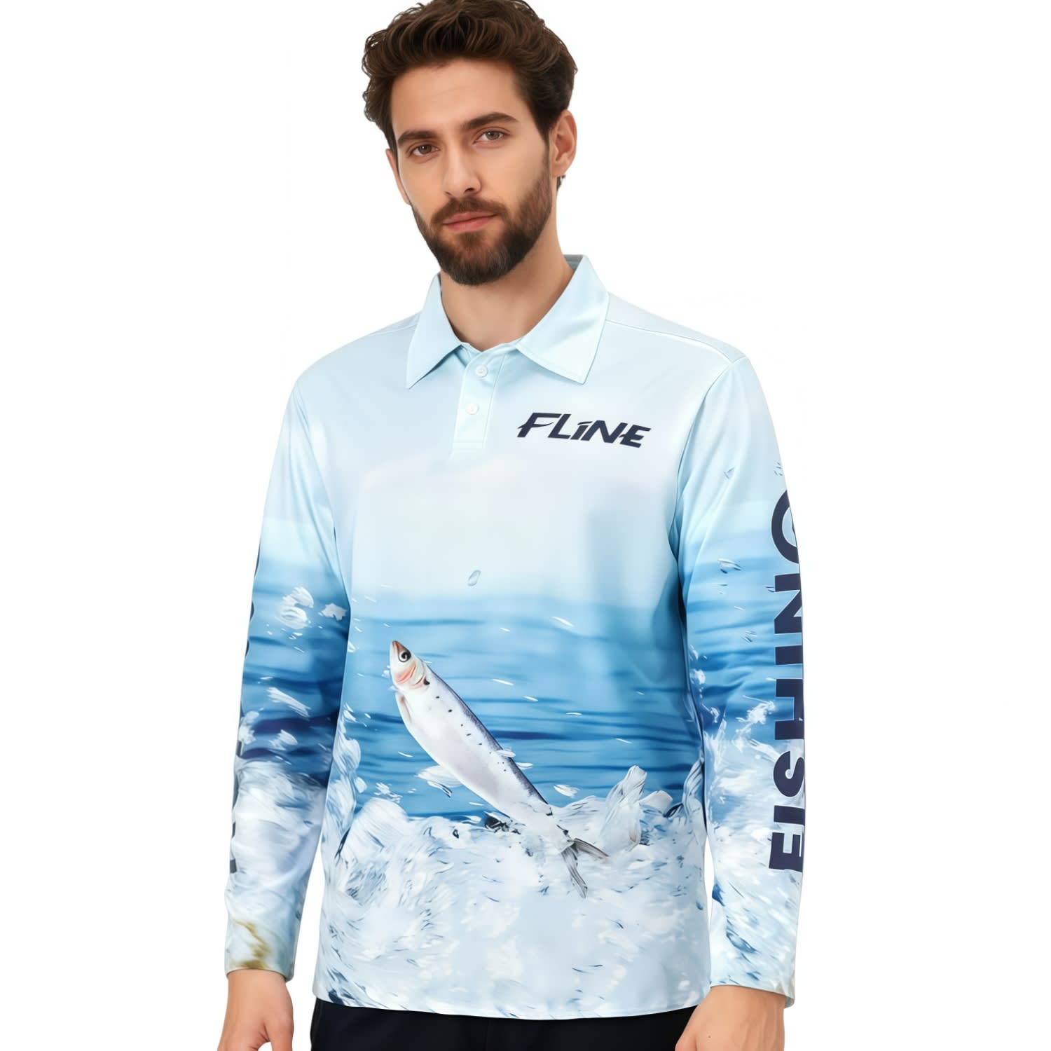 A light blue long-sleeve polo shirt featuring a fish design and a logo, suitable for fishing. Men's Polyester Spandex Sublimated Fishing POLO - Image 1