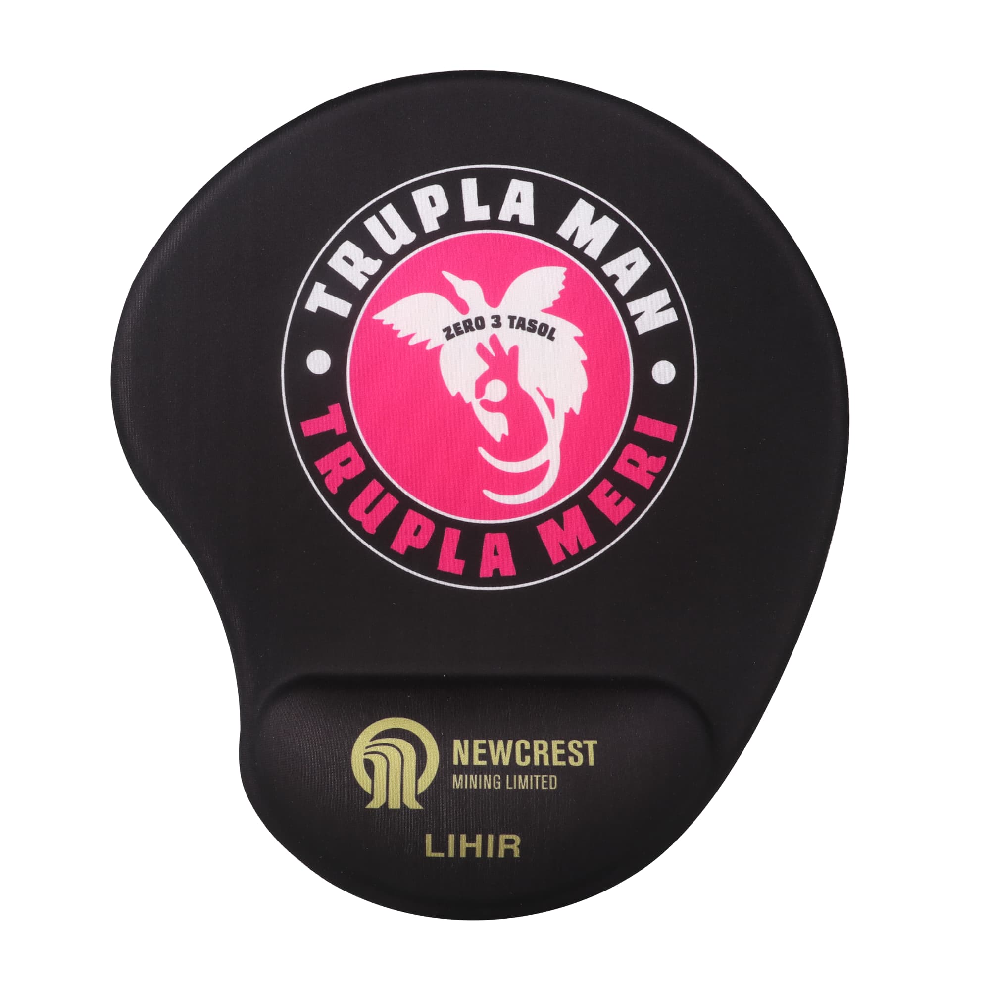 A black gel mouse pad featuring a circular design and a logo with pink accents. It includes branding at the bottom. Bean Gel Pad - Image 1