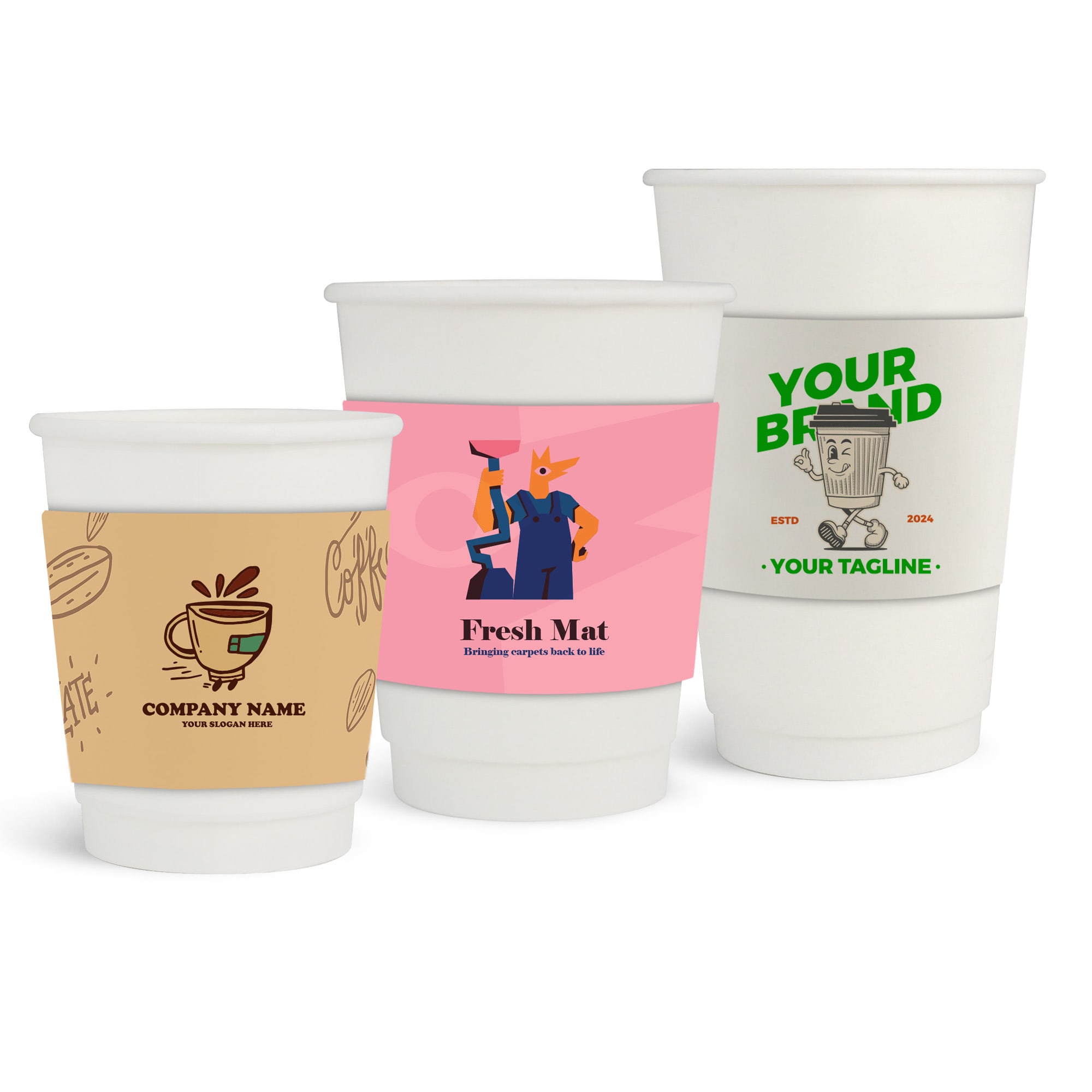 Three compostable paper cups in white, each featuring a different sleeve design and a logo. PLA Double Wall Compostable Paper Cups with Cup Sleeve - Image 1