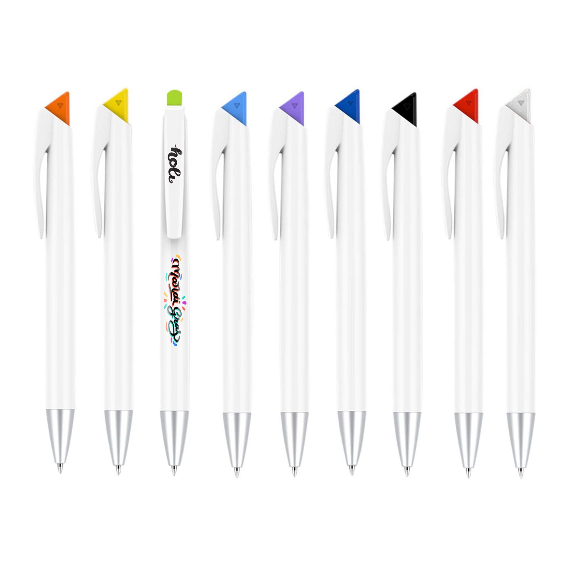 A collection of white plastic pens with various coloured accents, including orange, green, blue, purple, and black. One pen features a decorative design. Gray Pen - Image 1