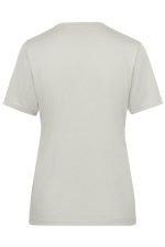 A light grey ladies' workwear T-shirt featuring short sleeves and a plain back design. It has a logo at the neckline.