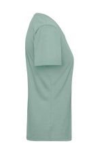 A green ladies' workwear T-shirt with short sleeves, featuring a simple design and a branding logo.