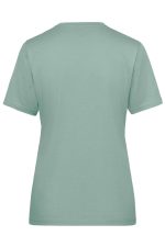 A mint green ladies' workwear T-shirt featuring a simple design and short sleeves, with a logo on the back.