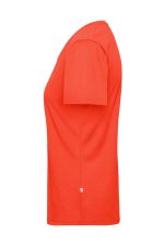 An orange ladies' work T-shirt with short sleeves, featuring a subtle logo on the bottom.