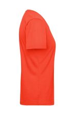 A side view of a bright red ladies' workwear T-shirt with short sleeves and a fitted design.