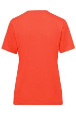 A red ladies' t-shirt featuring a plain back design and short sleeves, suitable for workwear. It has a logo.