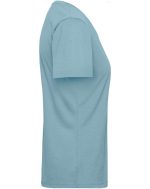 A blue ladies' bio workwear T-shirt displayed from the side, featuring a short sleeve design and a simple cut.