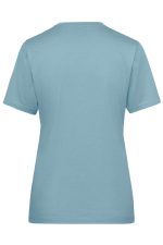 A light blue ladies' T-shirt with short sleeves and a plain back. It features a logo.