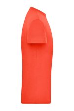 A side view of a bright orange men's workwear T-shirt featuring short sleeves. It has a logo on the chest.