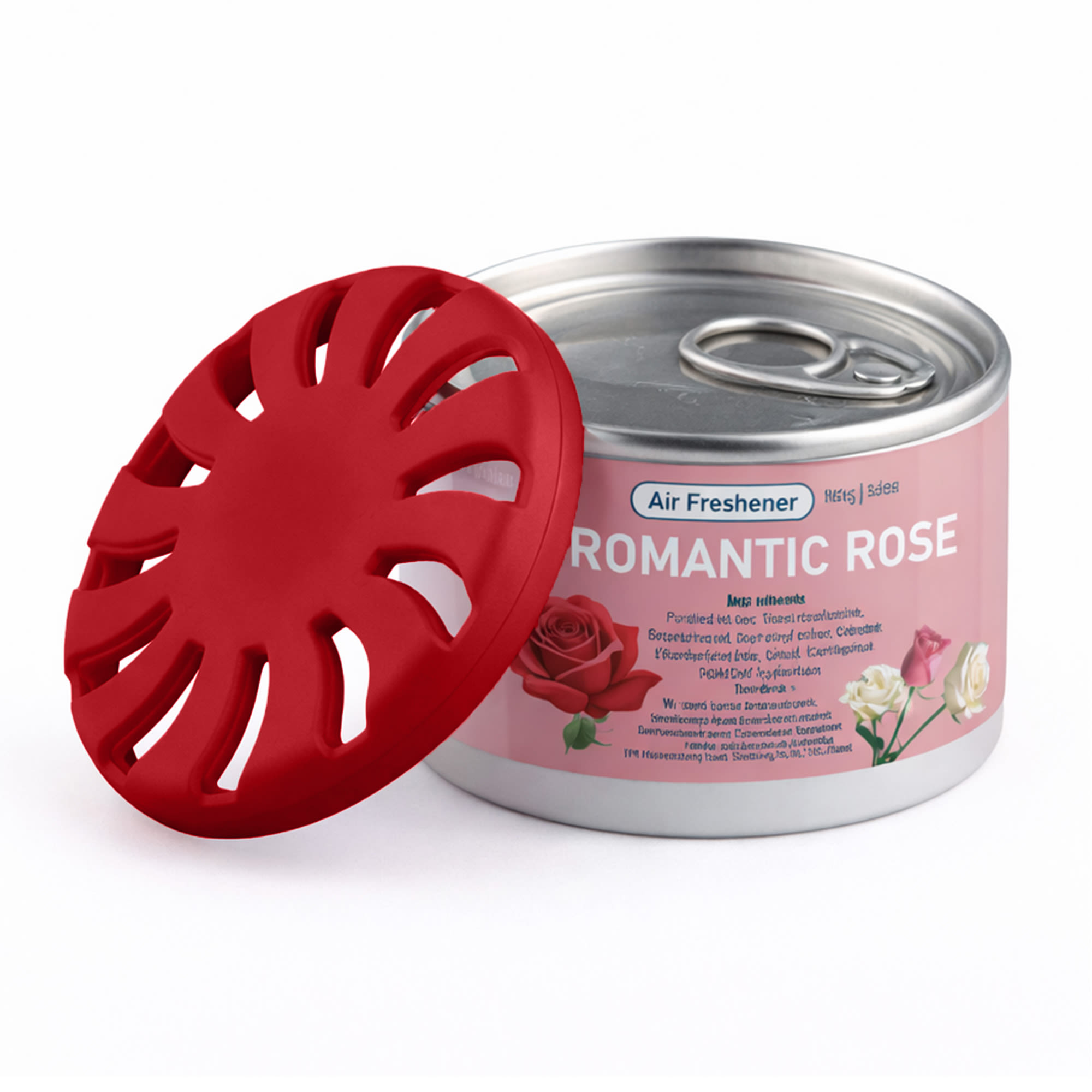 A can of air freshener in a pink design with a red vented lid, featuring a rose illustration. Air Freshener – Rose - Image 1
