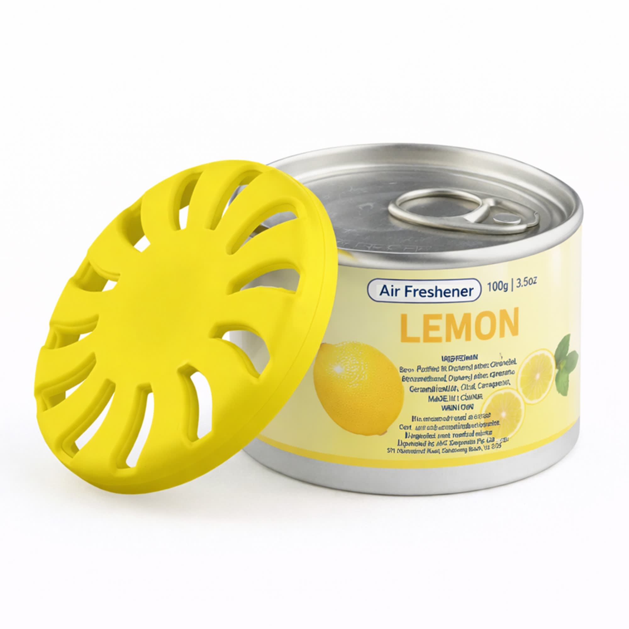 A yellow air freshener can with a citrus aroma, featuring a lid shaped like a sun and a label indicating "Lemon". Air Freshener – Lemon - Image 1