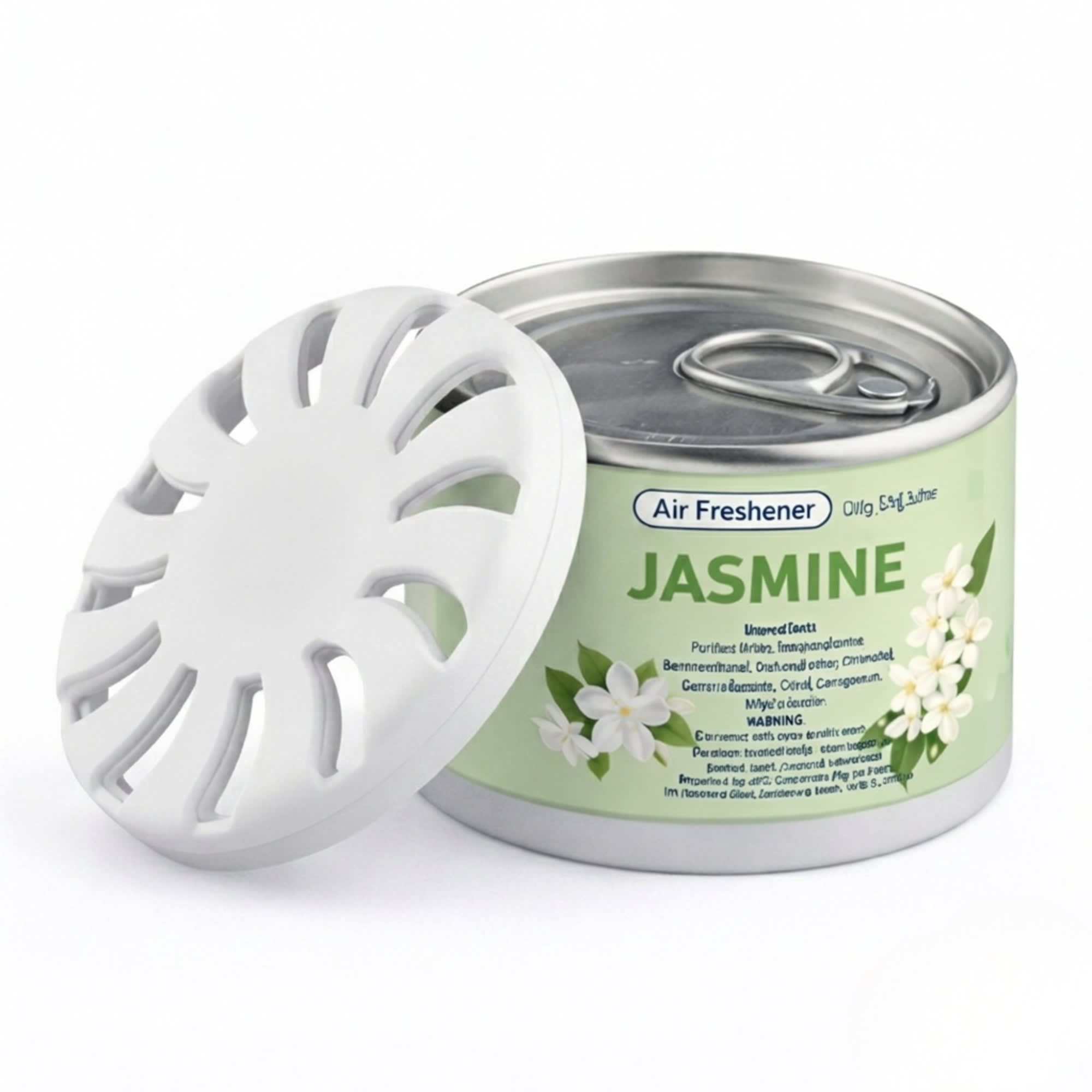 A round tin of jasmine air freshener with a white lid, featuring floral graphics and a green label. Air Freshener – Jasmine - Image 1