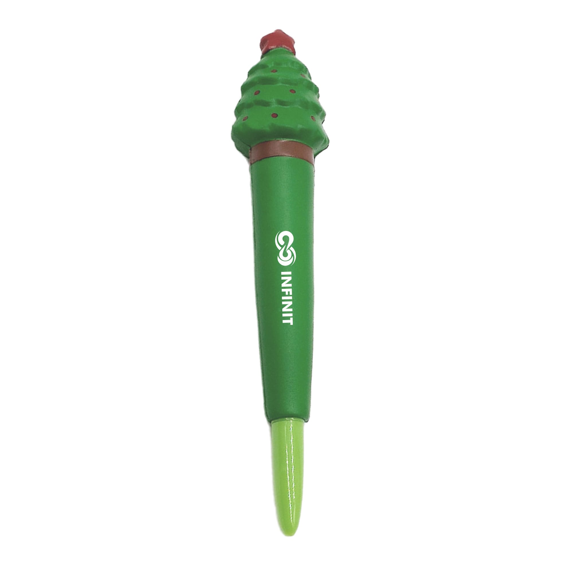 A green pen shaped like a Christmas tree with a brown base and a red star on top, featuring a logo. Pen with Tree Stress Reliever - Image 1
