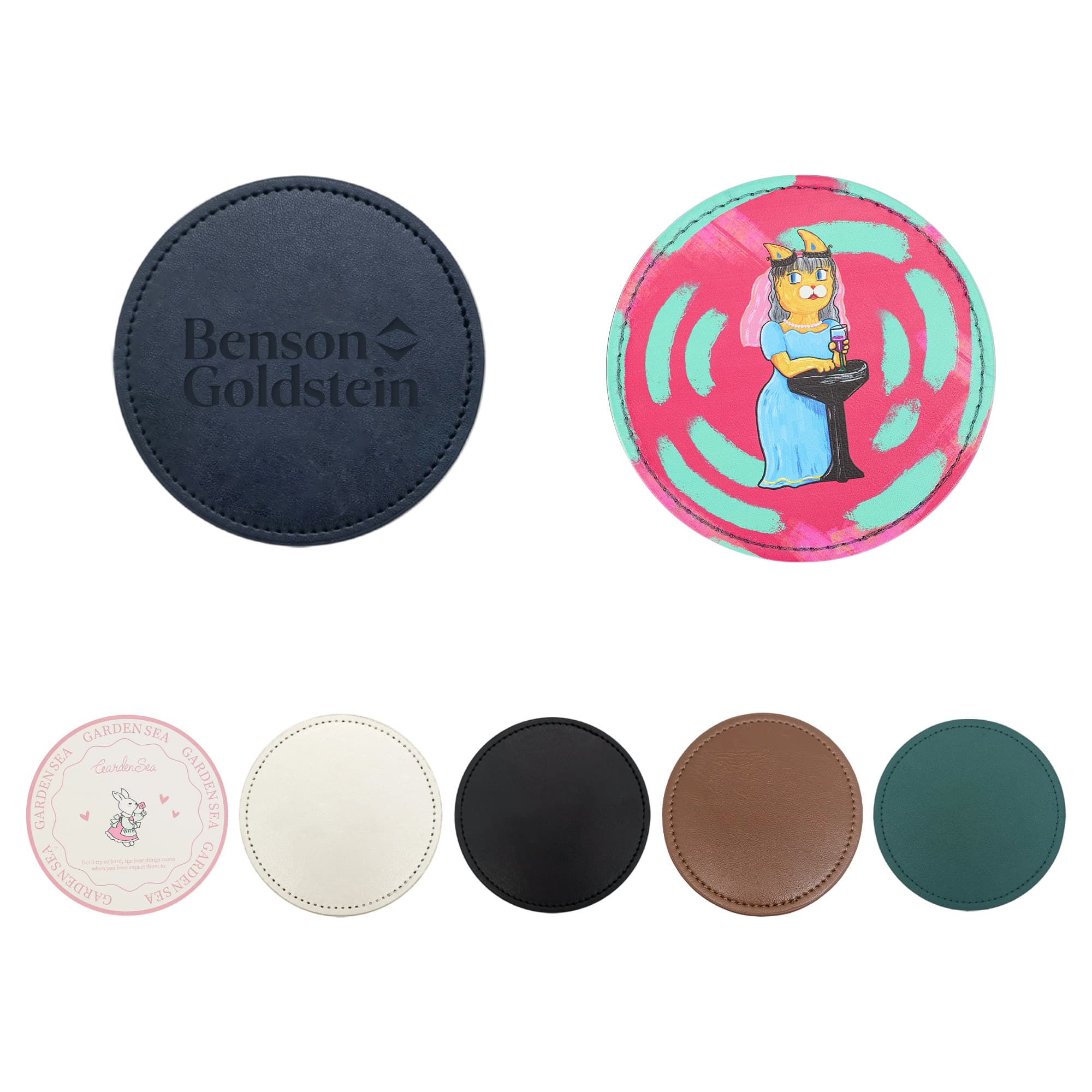 A collection of PU coasters in various colours, featuring a logo on the dark blue coaster and a design on the pink one. PU Coaster - Image 1