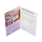 A folded A4 brochure displaying pharmacy services, featuring a gloss finish and vibrant colours. It has a logo on the front.