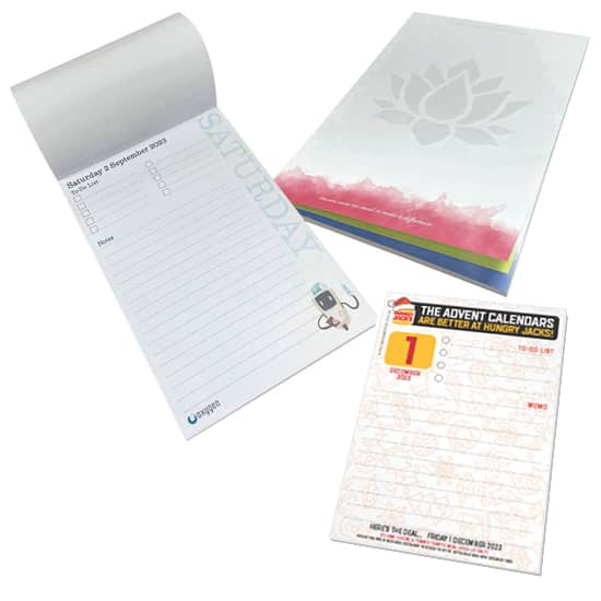 A5 digital notepad featuring a floral design, with blank pages and a check-list layout. Includes a branding logo. A5 Digital Notepad - Image 1