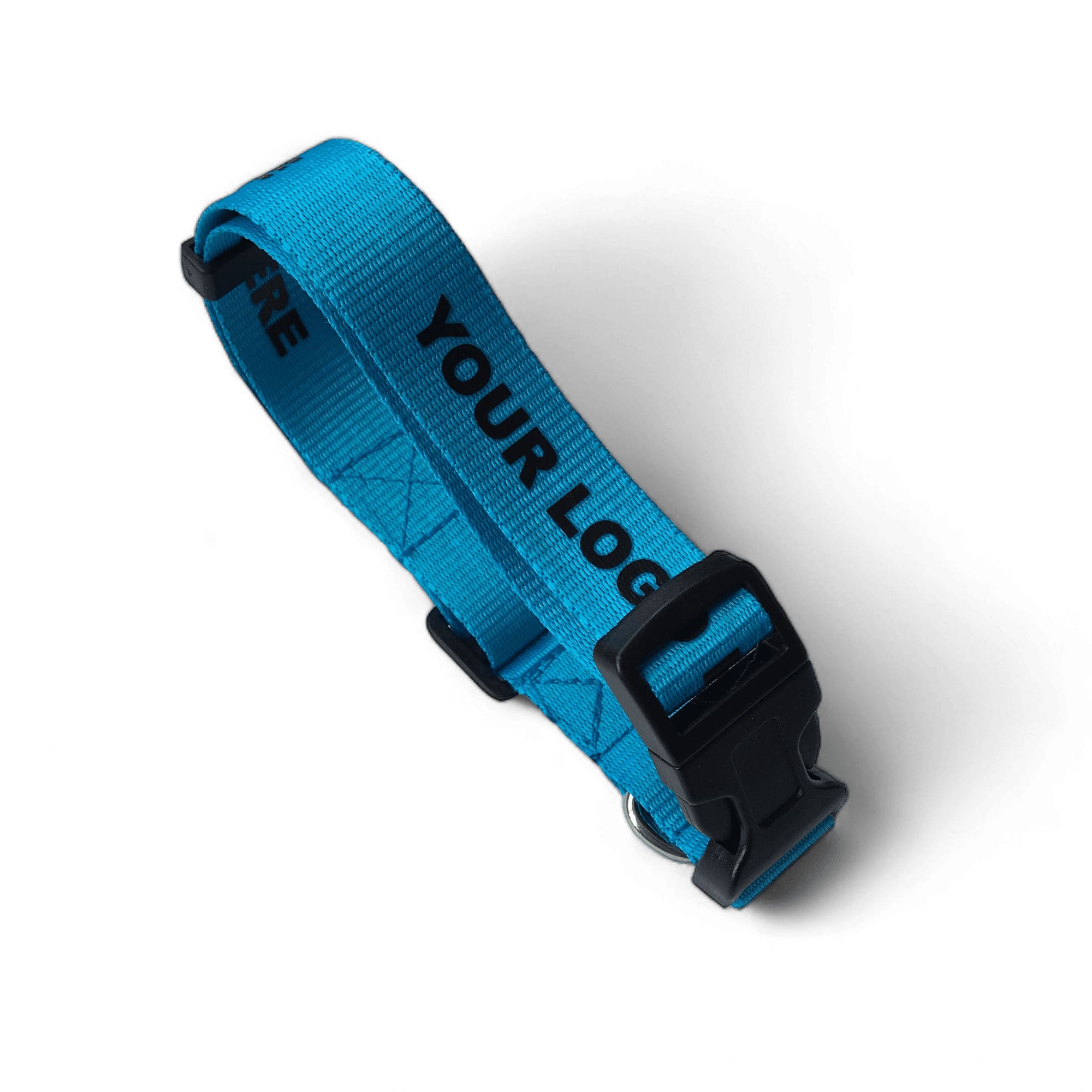 A blue dog collar with a black buckle, featuring a branding logo along the strap. Dog Collar 25mm - screen print - Image 1