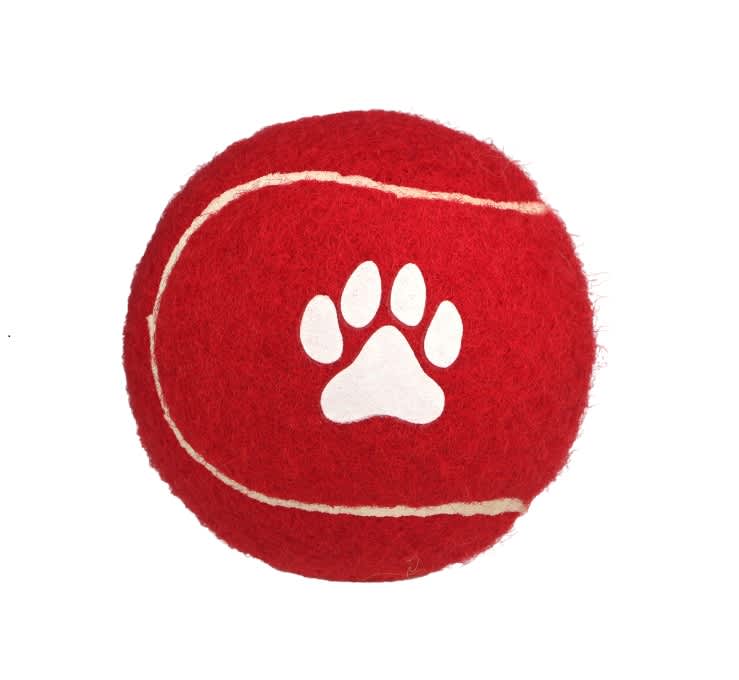 A red dog fetch ball with a white paw print and white stitching details. It features a round shape and soft texture. Dog Fetch Ball - Image 1