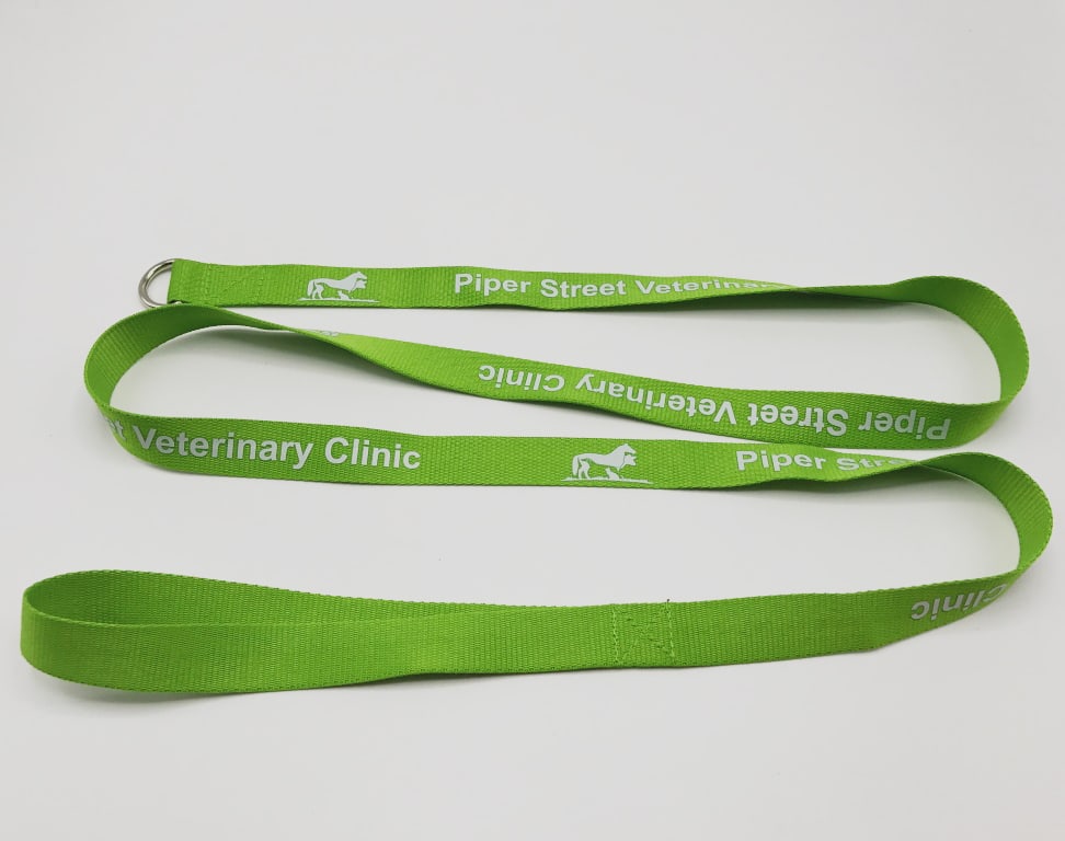 A green slip dog lead with a metallic clip and branding for Piper Street Veterinary Clinic. Slip dog Leads 25mm - Image 1