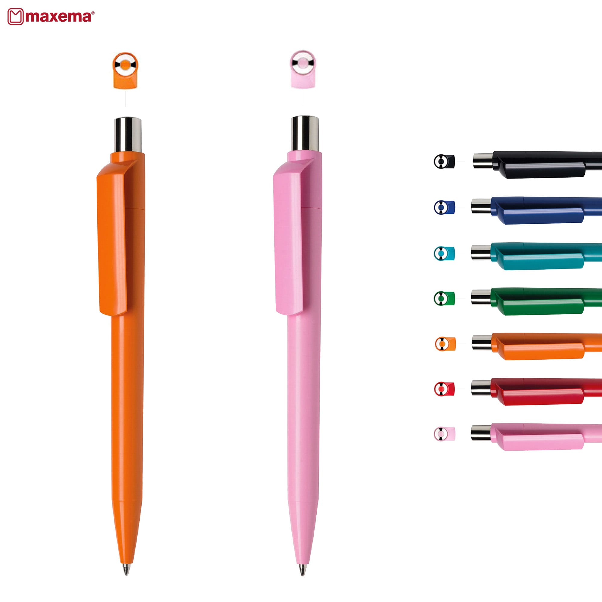 Two plastic pens in orange and pink, featuring a logo and available in various colours on the right. Dot C CR - Image 1