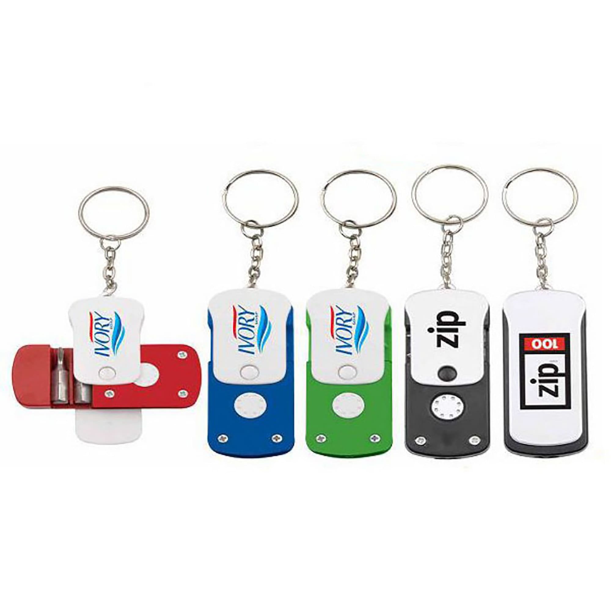 A tool set with light featuring five keychain tools in red, blue, green, and black, with logos on each. Tool Set with Light - Image 1