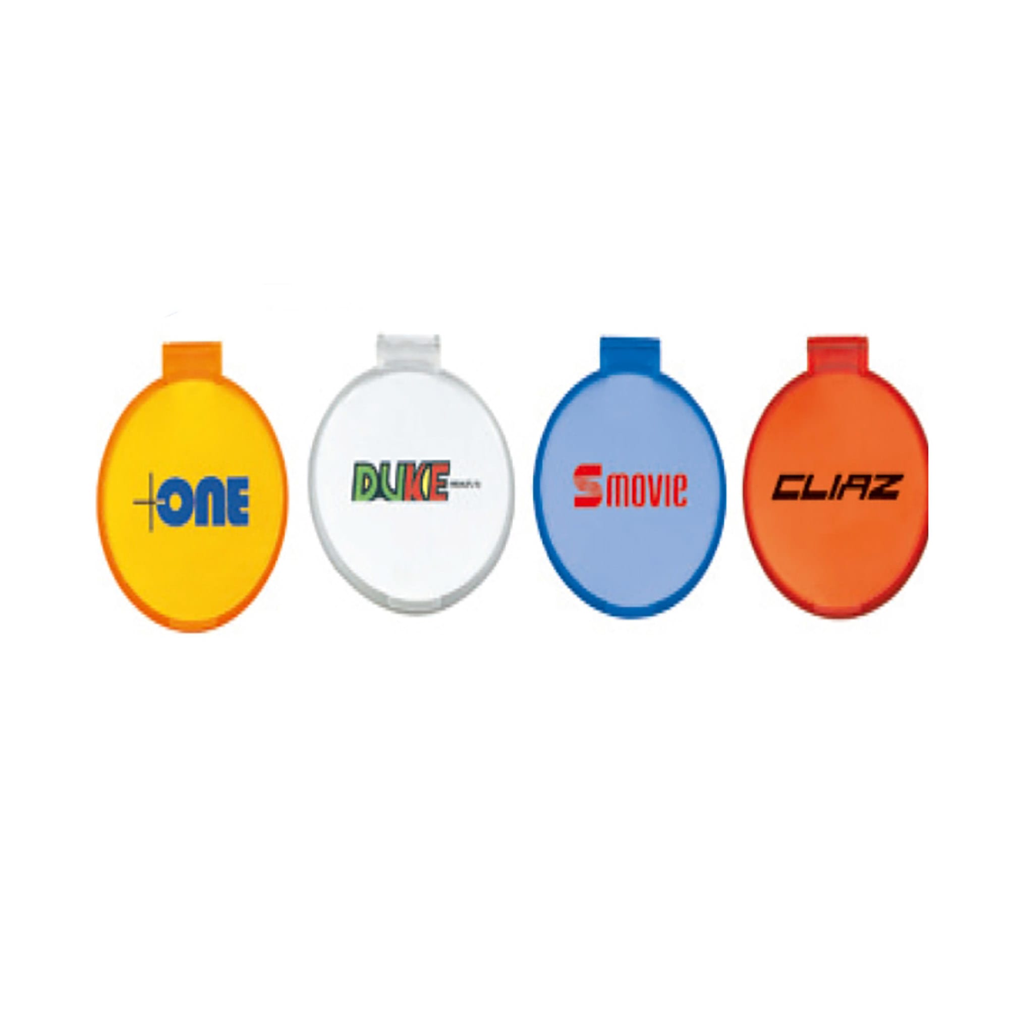 Four circular mirror cases in solid colours: orange, white, blue, and red. Each has a logo or branding. One Side Mirror Solid Colour - Image 1