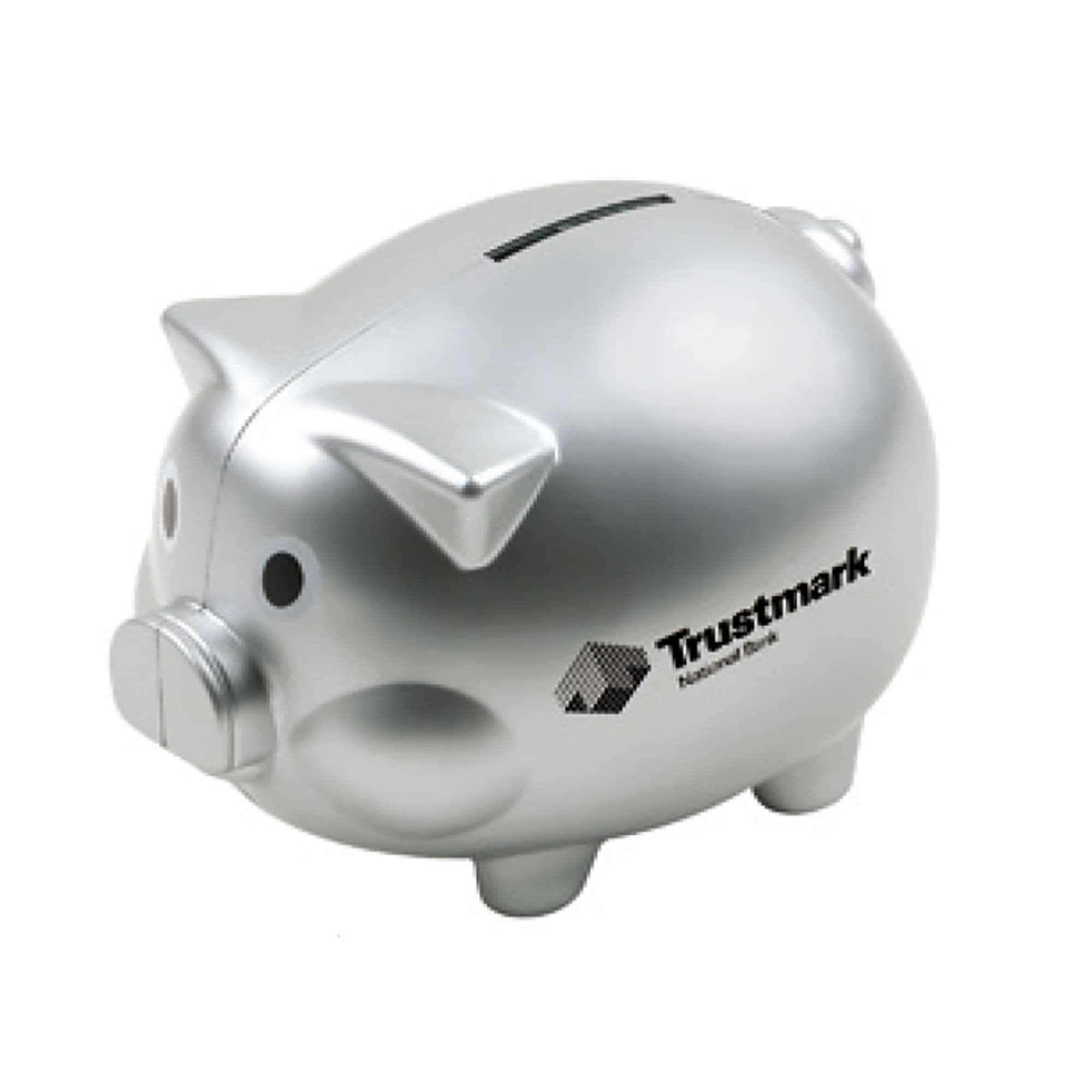 A silver pig-shaped coin bank with a slot for coins and a logo on the side. Coin Bank Pig Shape with Silver - Image 1